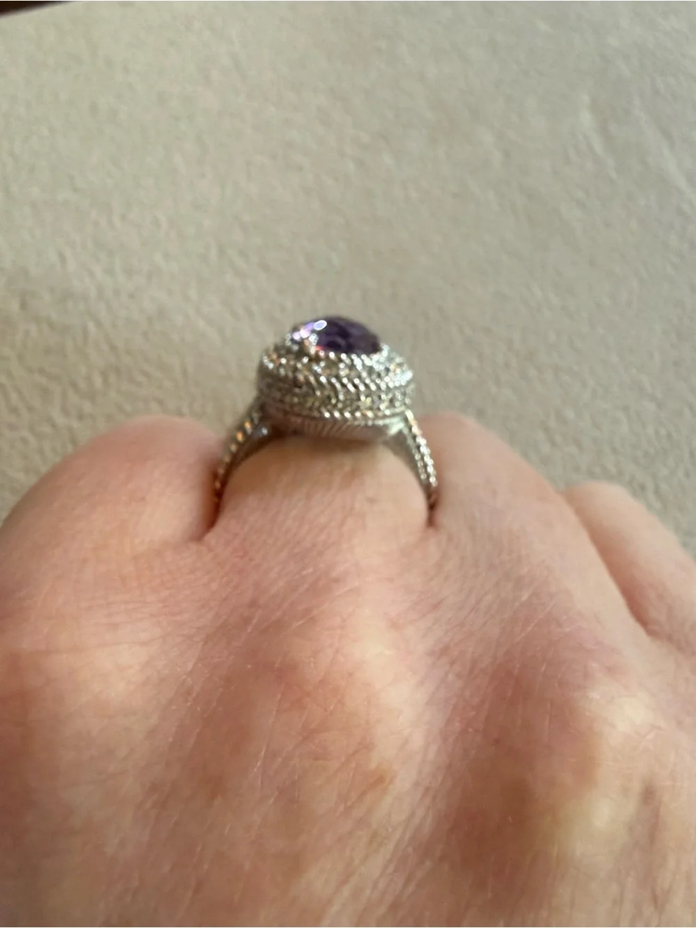 Judith Ripka Size 5 Amethyst Sterling Silver Ring with CZ Pavé Halo - Picture 2 of 6